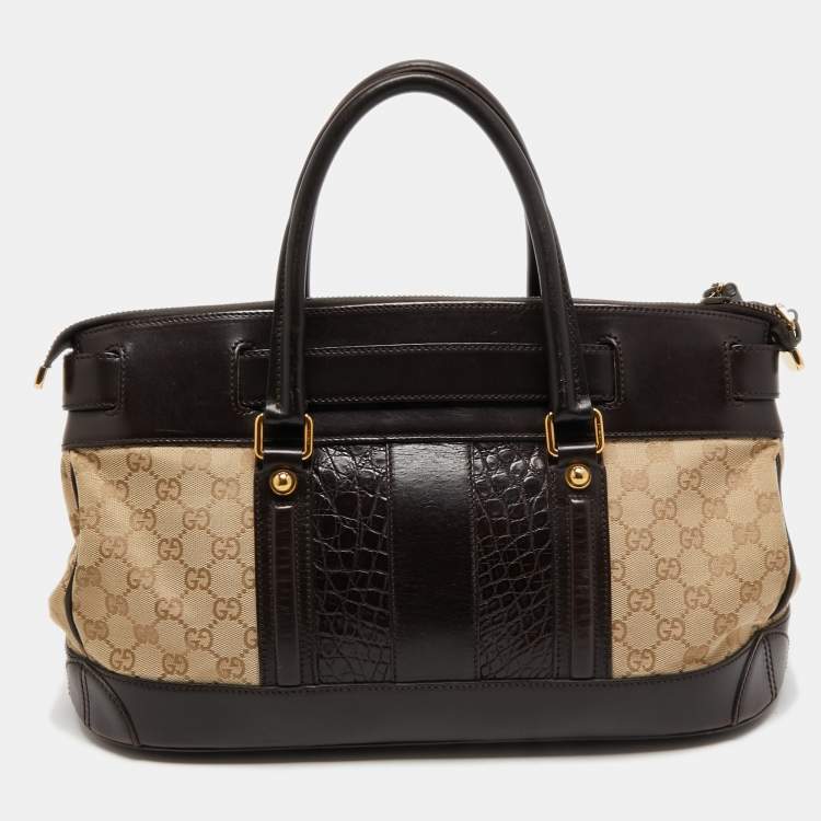 Pre Owned Gucci Brown/Beige GG Canvas and Alligator Leather Secret Web Tote