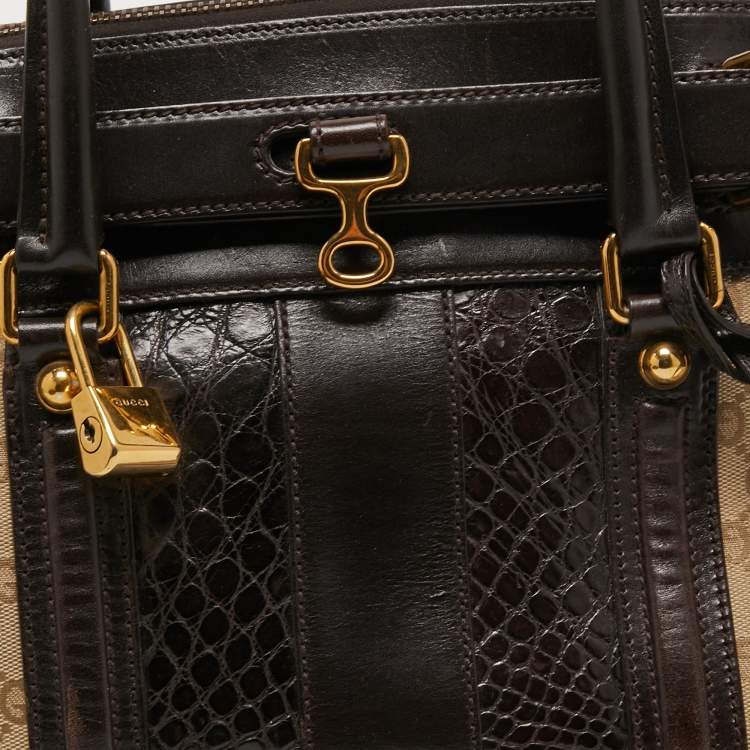 Pre Owned Gucci Brown/Beige GG Canvas and Alligator Leather Secret Web Tote