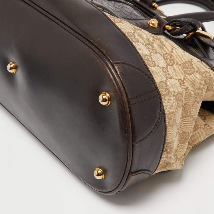 Pre Owned Gucci Brown/Beige GG Canvas and Alligator Leather Secret Web Tote