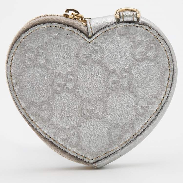 Pre Owned Gucci Silver Guccissima Leather Heart Shape Coin Purse