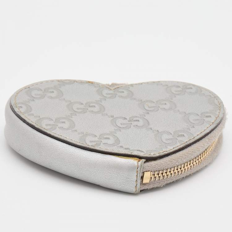Pre Owned Gucci Silver Guccissima Leather Heart Shape Coin Purse