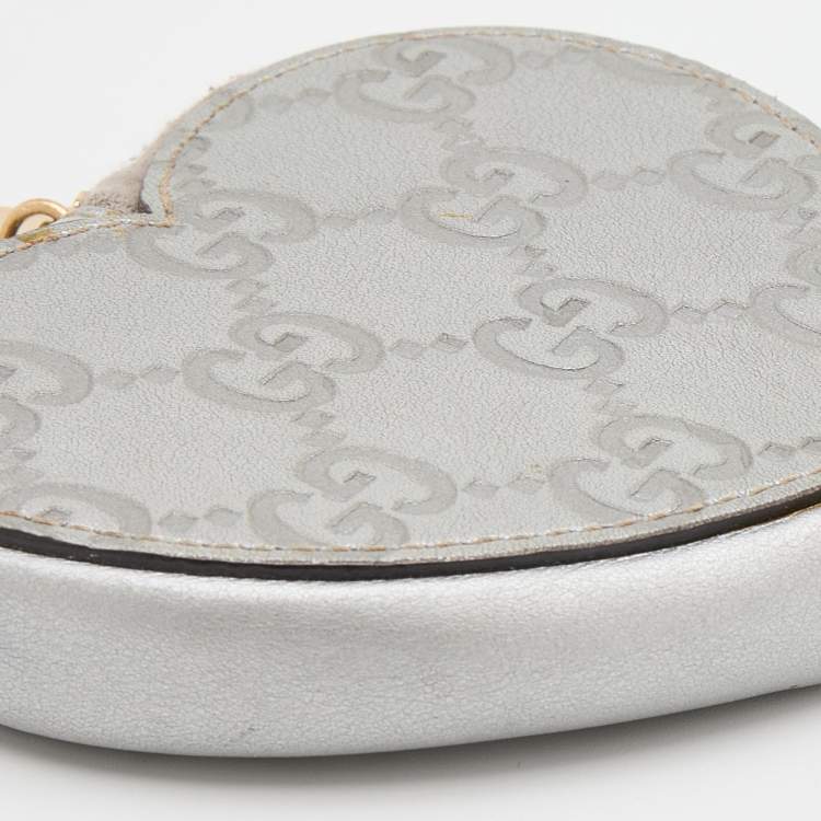 Pre Owned Gucci Silver Guccissima Leather Heart Shape Coin Purse