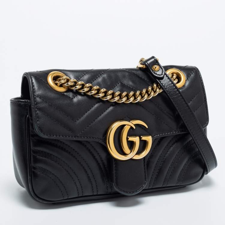 Pre Owned Gucci Black Matelassé Leather GG Marmont Super Small Shoulder Bag