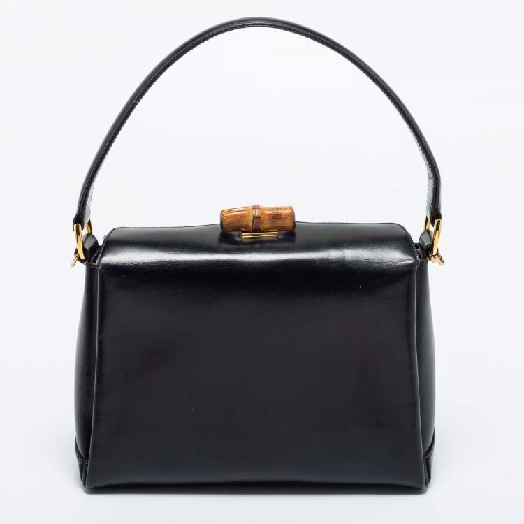 Pre Owned Gucci Black Leather Bamboo Top Handle Bag