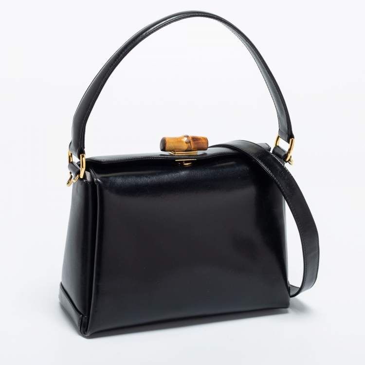 Pre Owned Gucci Black Leather Bamboo Top Handle Bag