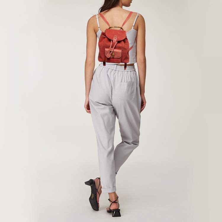 Pre Owned Gucci Red Leather and Suede Bamboo Backpack