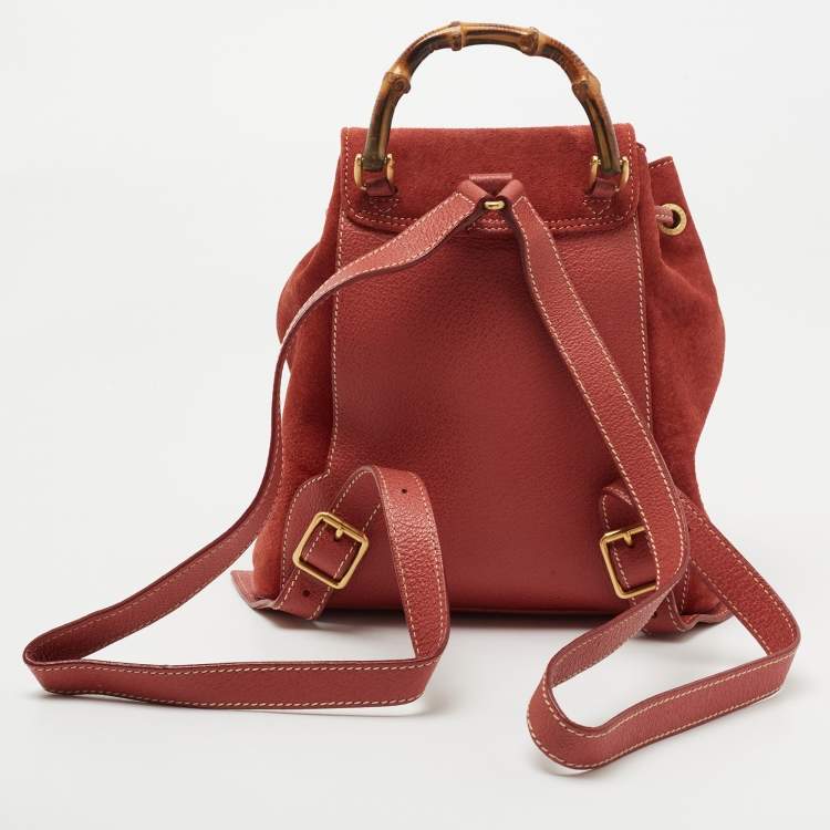 Pre Owned Gucci Red Leather and Suede Bamboo Backpack