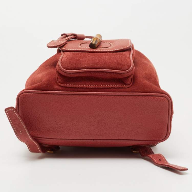 Pre Owned Gucci Red Leather and Suede Bamboo Backpack