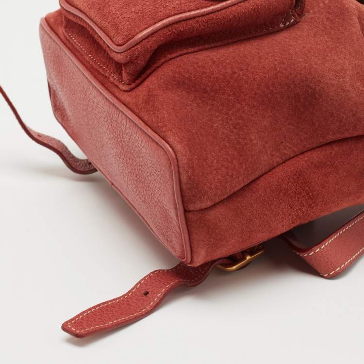 Pre Owned Gucci Red Leather and Suede Bamboo Backpack