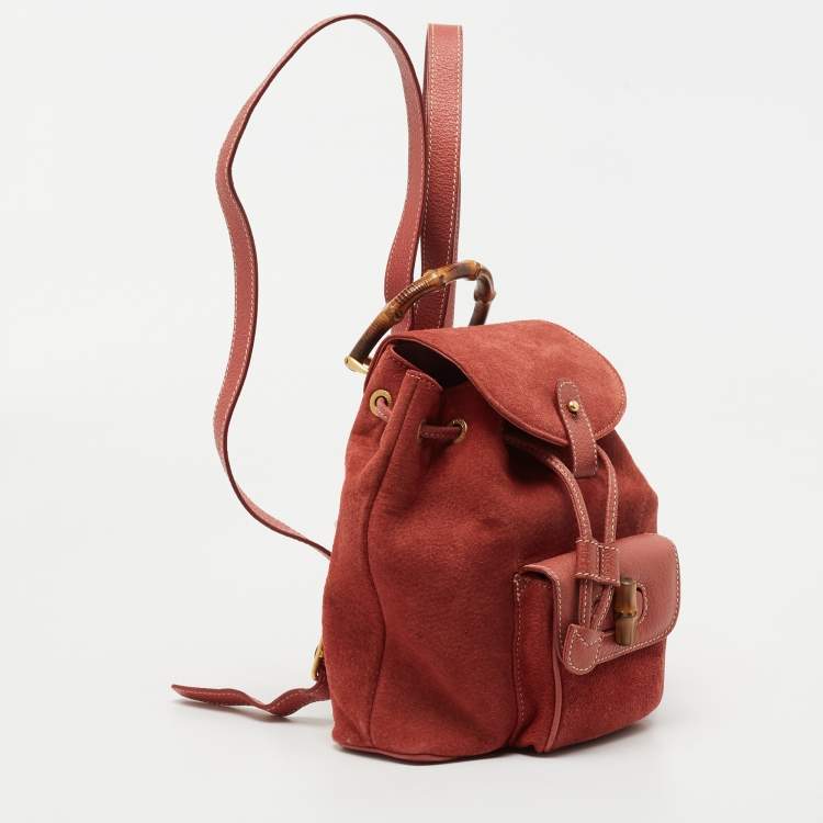 Pre Owned Gucci Red Leather and Suede Bamboo Backpack