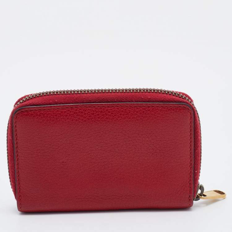 Pre Owned Gucci Red Leather Logo Print Zip Compact Wallet
