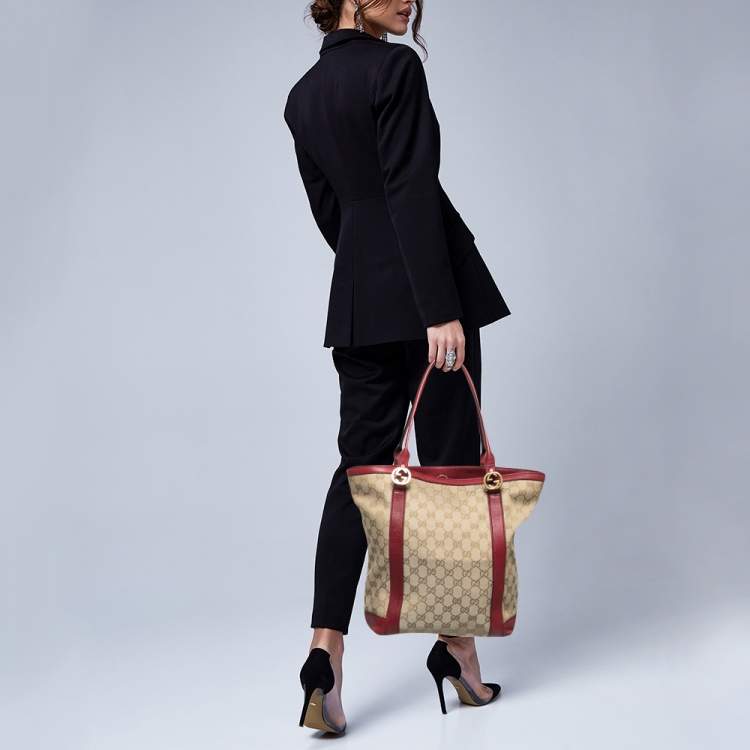 Pre Owned Gucci Beige/Red GG Canvas and Leather GG Interlocking Shopper Tote