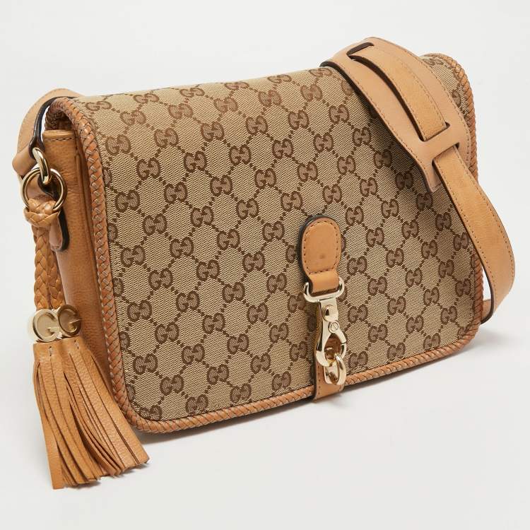 Pre Owned Gucci Beige/Brown GG Canvas and Leather Medium Marrakech Tassel Messenger Bag
