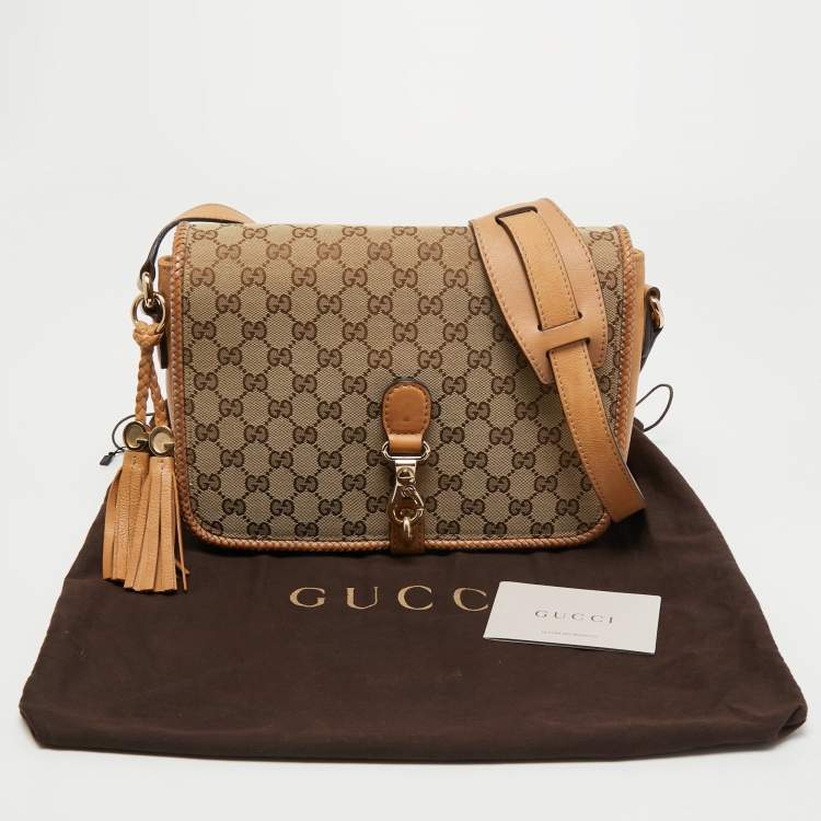 Pre Owned Gucci Beige/Brown GG Canvas and Leather Medium Marrakech Tassel Messenger Bag