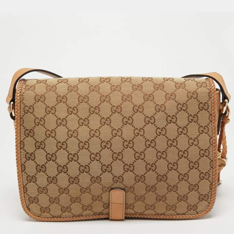 Pre Owned Gucci Beige/Brown GG Canvas and Leather Medium Marrakech Tassel Messenger Bag