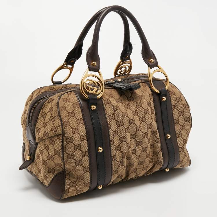 Pre Owned Gucci Beige/Brown Canvas and Leather Interlocking Boston Bag