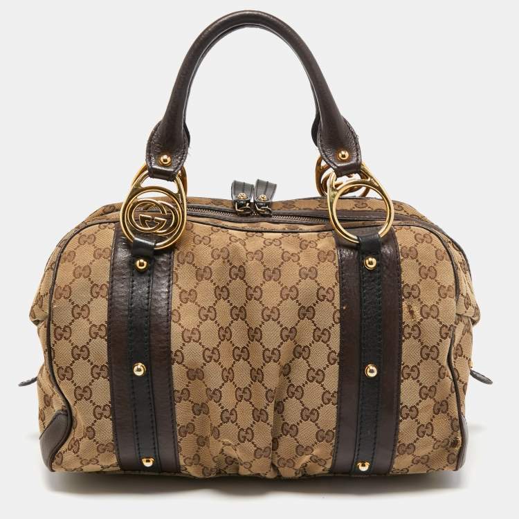 Pre Owned Gucci Beige/Brown Canvas and Leather Interlocking Boston Bag