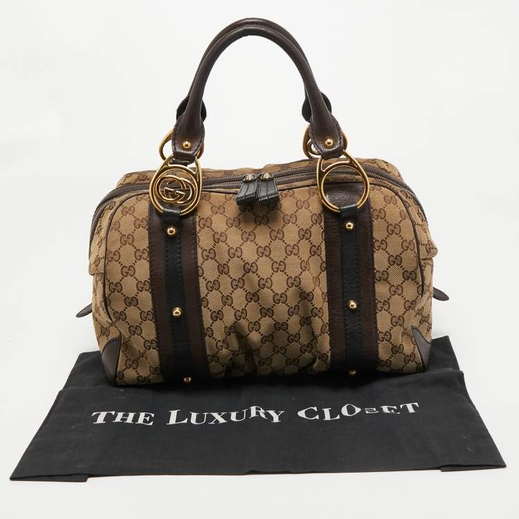 Pre Owned Gucci Beige/Brown Canvas and Leather Interlocking Boston Bag
