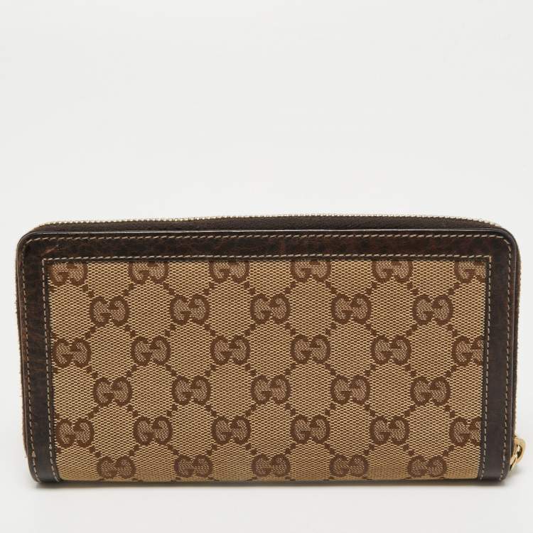 Pre Owned Gucci Beige/Brown GG Canvas and Leather Bamboo Tassel Zip Around Wallet