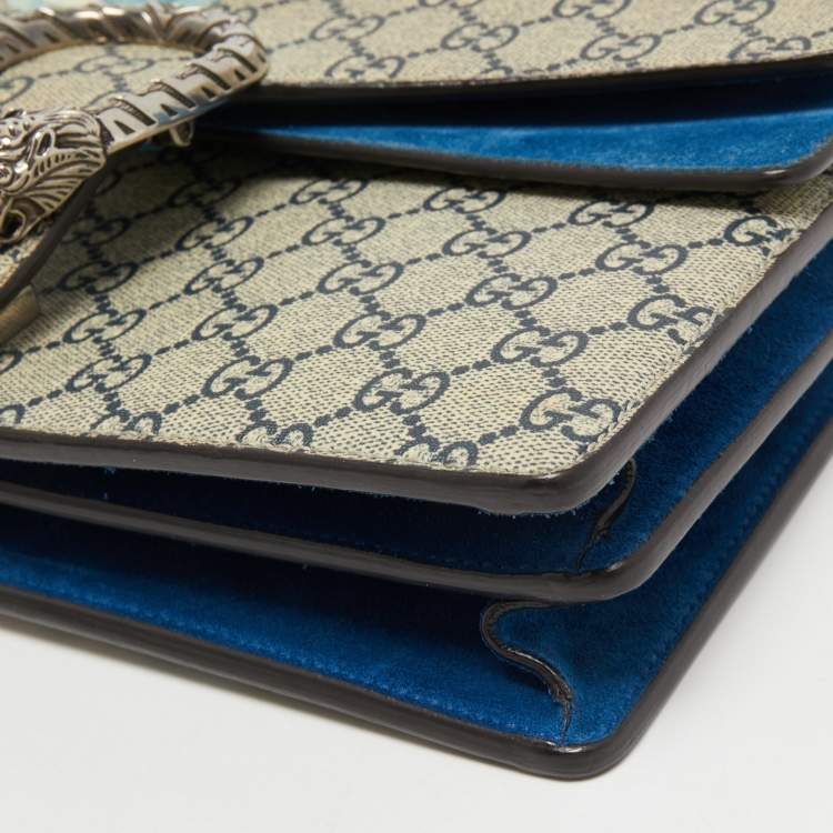 Pre Owned Gucci Blue/Beige GG Supreme Canvas and Suede Small Dionysus Blooms Shoulder Bag