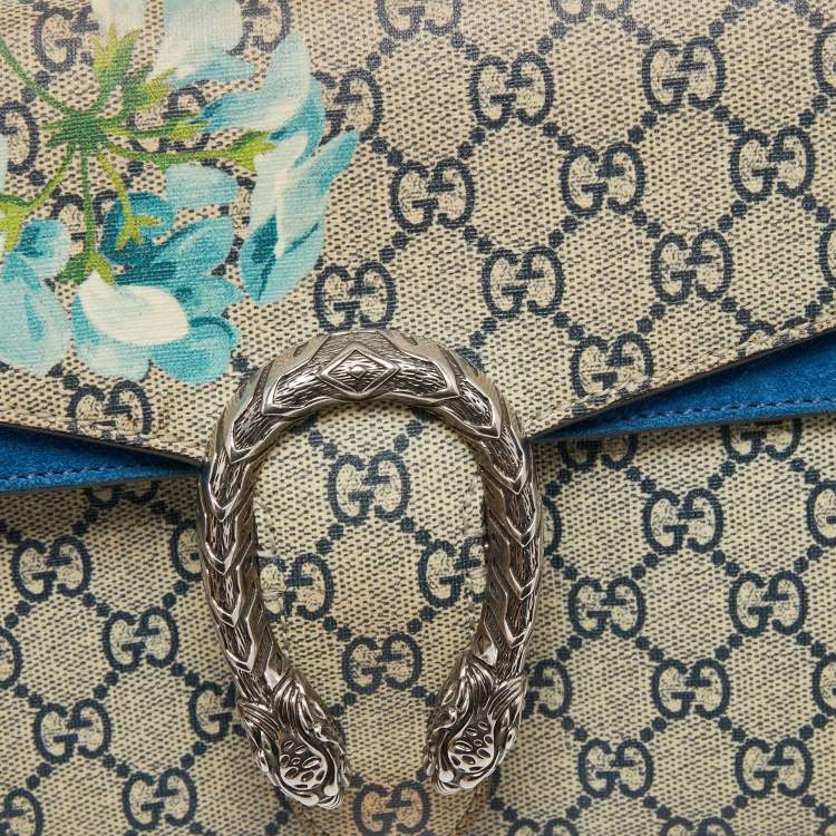 Pre Owned Gucci Blue/Beige GG Supreme Canvas and Suede Small Dionysus Blooms Shoulder Bag