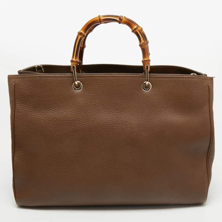 Pre Owned Gucci Brown Leather Large Bamboo Shopper Tote