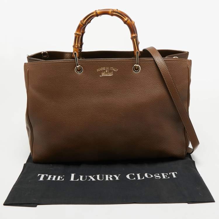 Pre Owned Gucci Brown Leather Large Bamboo Shopper Tote