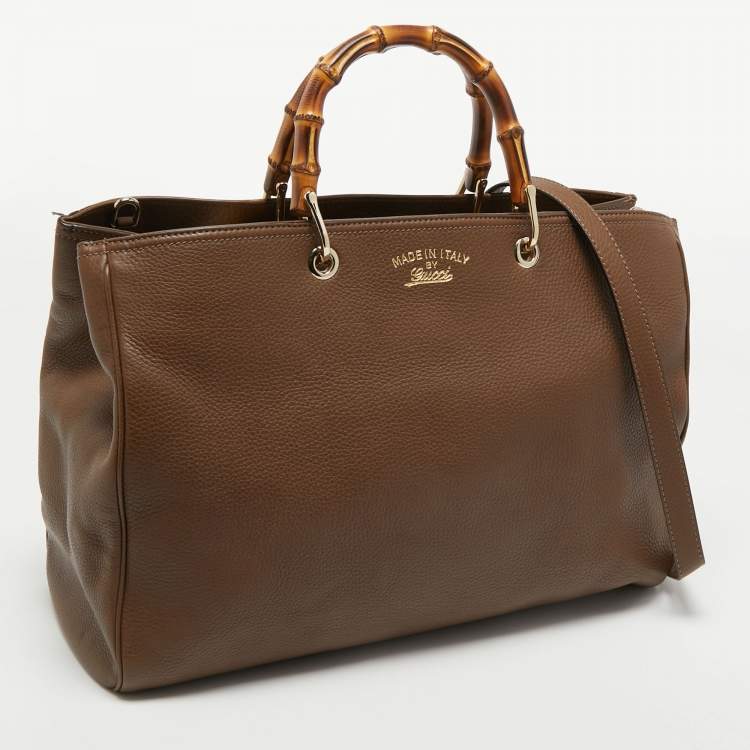 Pre Owned Gucci Brown Leather Large Bamboo Shopper Tote
