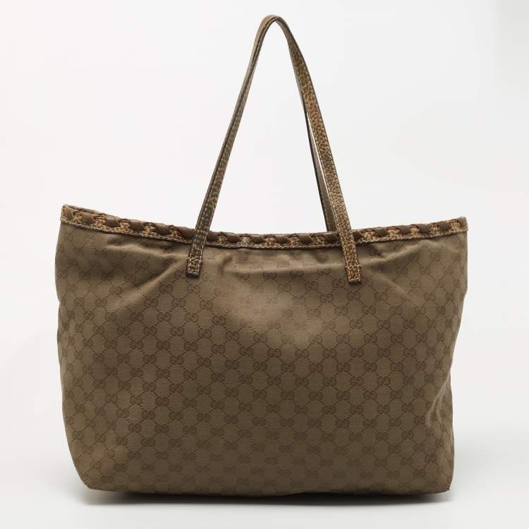 Pre Owned Gucci Dark Olive Green GG Canvas Bamboo Tassel Shopper Tote