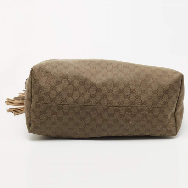 Pre Owned Gucci Dark Olive Green GG Canvas Bamboo Tassel Shopper Tote