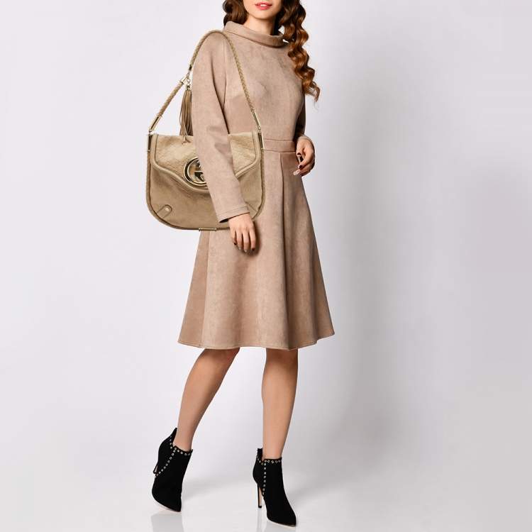 Pre Owned Gucci Beige Guccissima Leather Medium Britt Tassel Hobo