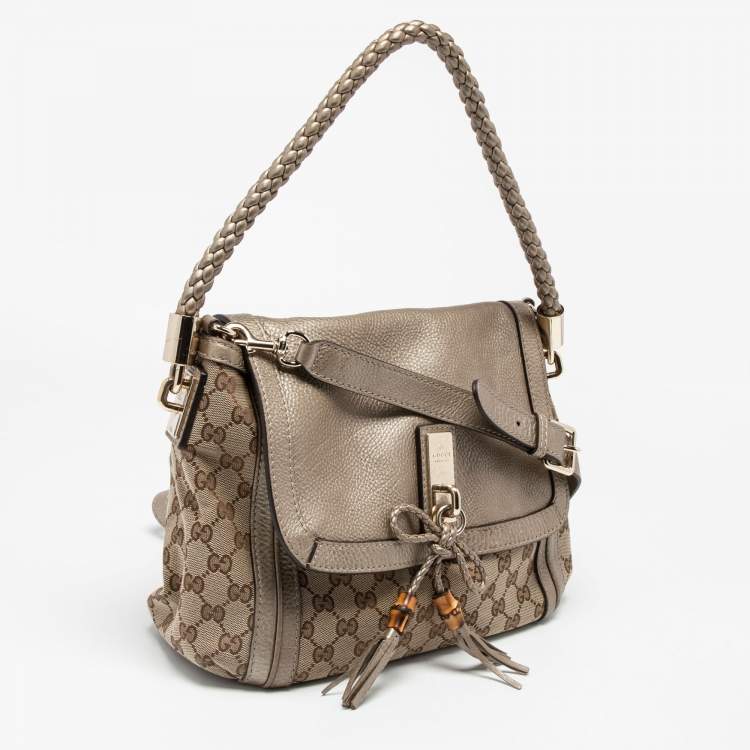 Pre Owned Gucci Beige/Gold GG Canvas and Leather Bella Flap Bag