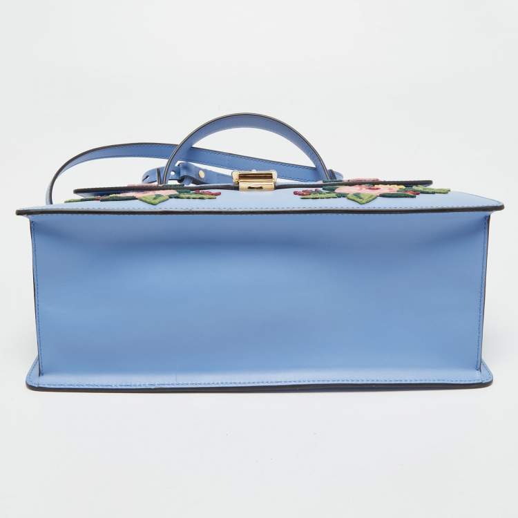 Pre Owned Gucci Blue Floral Embroidered Leather Medium Sylvie Top Handle Bag