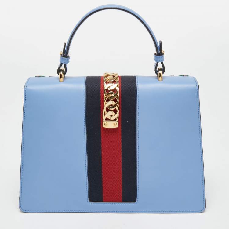 Pre Owned Gucci Blue Floral Embroidered Leather Medium Sylvie Top Handle Bag