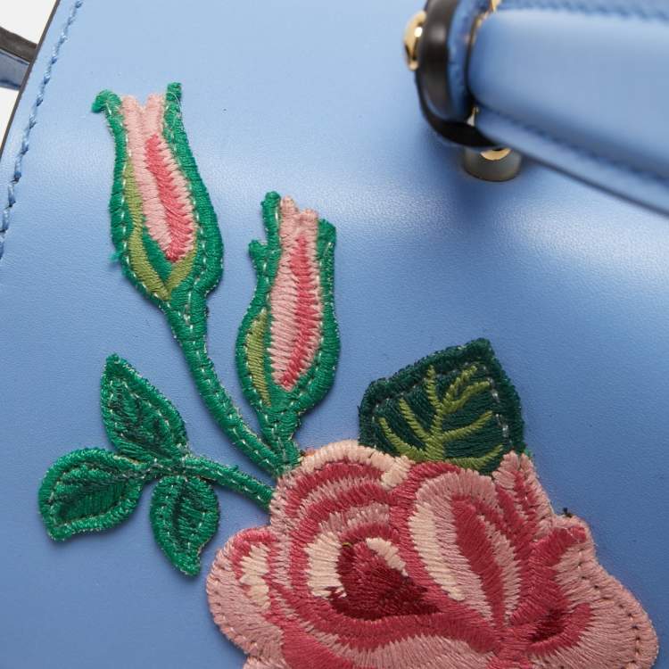Pre Owned Gucci Blue Floral Embroidered Leather Medium Sylvie Top Handle Bag