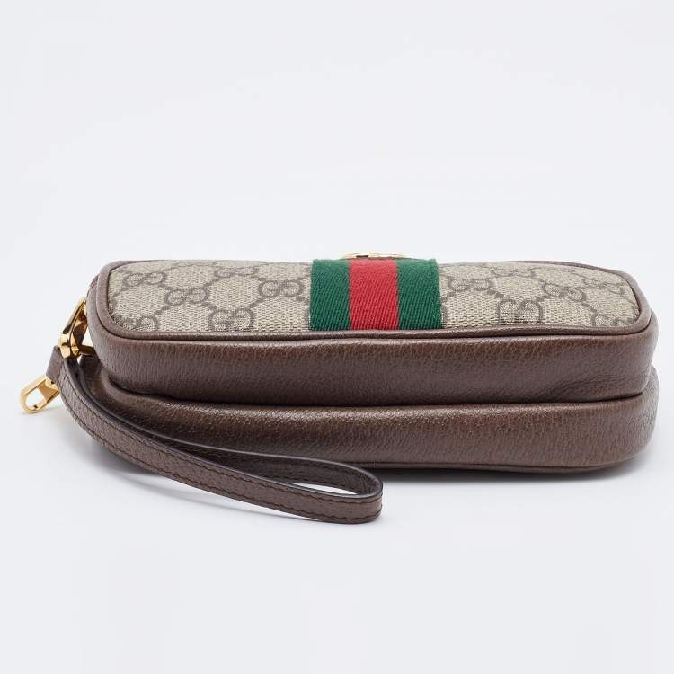 Pre Owned Gucci Beige/Brown GG Supreme Canvas and Leather Ophidia Wristlet