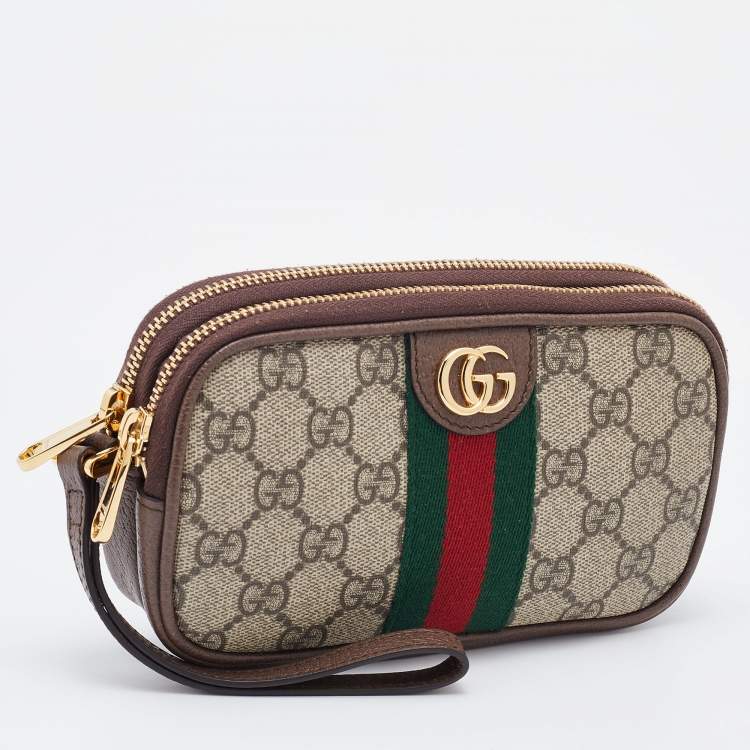 Pre Owned Gucci Beige/Brown GG Supreme Canvas and Leather Ophidia Wristlet