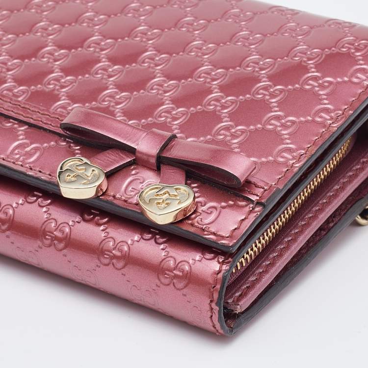Pre Owned Gucci Pink Microguccissima Patent Leather Long Wallet on Chain