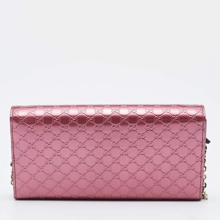 Pre Owned Gucci Pink Microguccissima Patent Leather Long Wallet on Chain