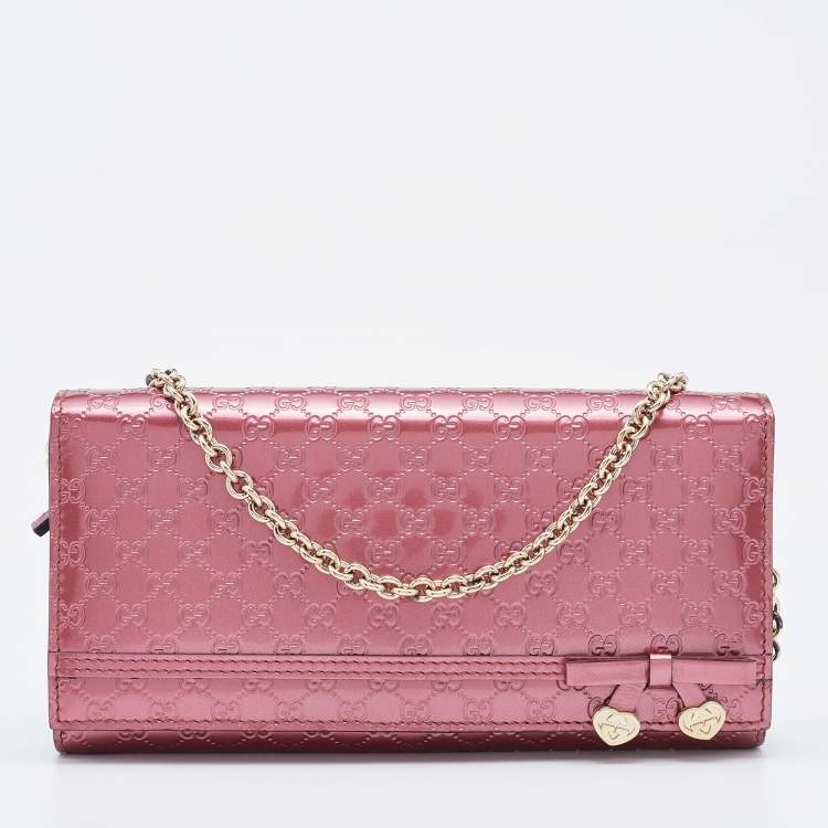Pre Owned Gucci Pink Microguccissima Patent Leather Long Wallet on Chain