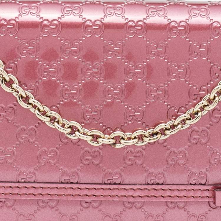 Pre Owned Gucci Pink Microguccissima Patent Leather Long Wallet on Chain
