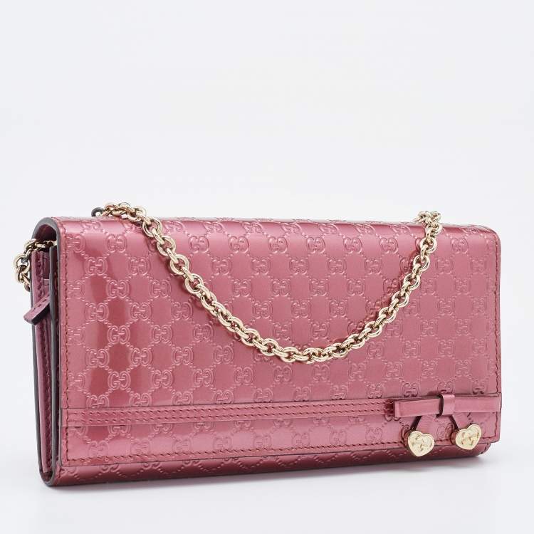 Pre Owned Gucci Pink Microguccissima Patent Leather Long Wallet on Chain