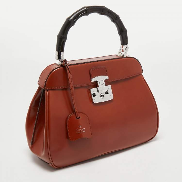 Pre Owned Gucci Brown Glossy Leather Medium Lady Lock Top Handle Bag
