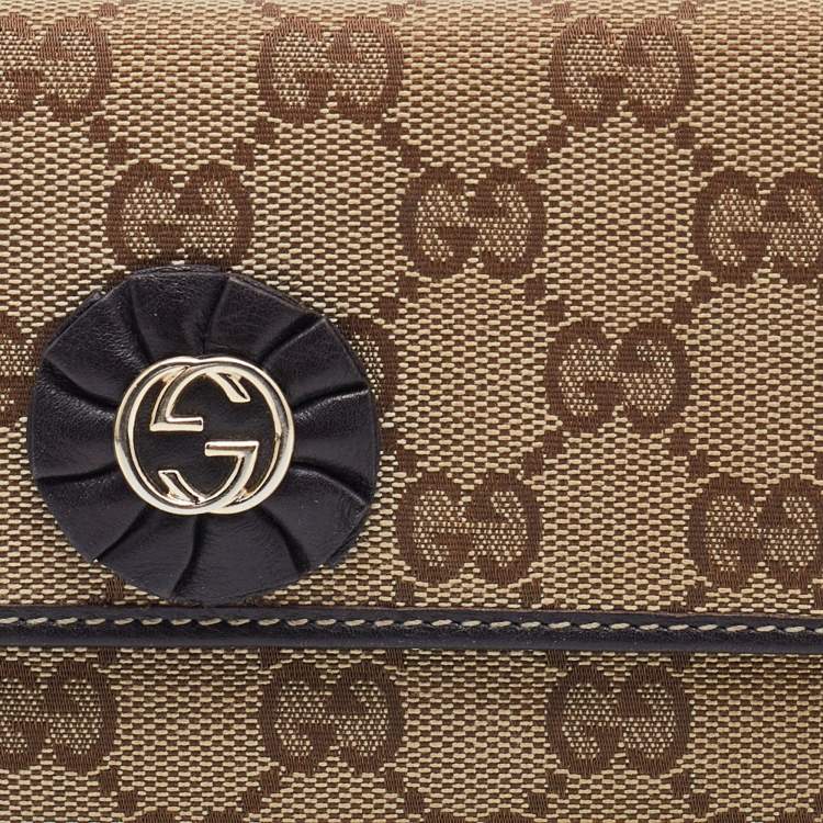 Pre Owned Gucci Beige/Brown GG Canvas and Leather Flap Continental Wallet