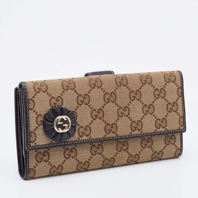 Pre Owned Gucci Beige/Brown GG Canvas and Leather Flap Continental Wallet