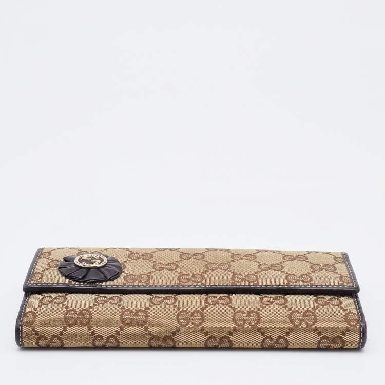 Pre Owned Gucci Beige/Brown GG Canvas and Leather Flap Continental Wallet
