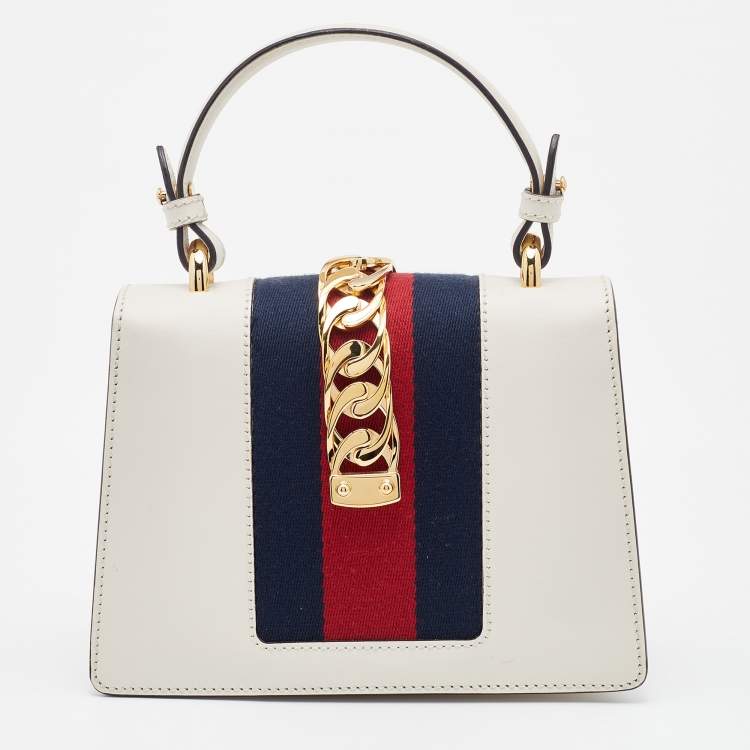 Pre Owned Gucci White Leather Mini Web Sylvie Top Handle Bag