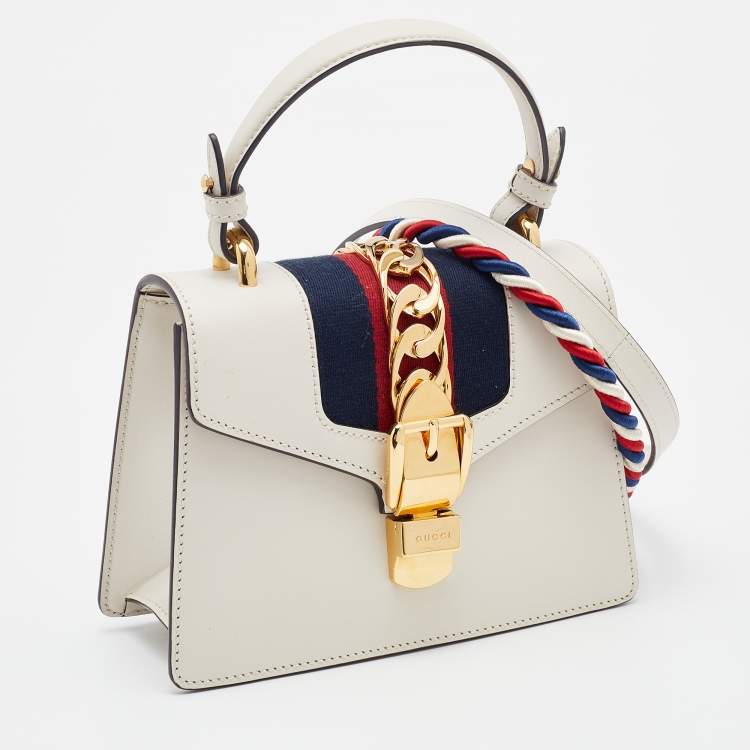 Pre Owned Gucci White Leather Mini Web Sylvie Top Handle Bag