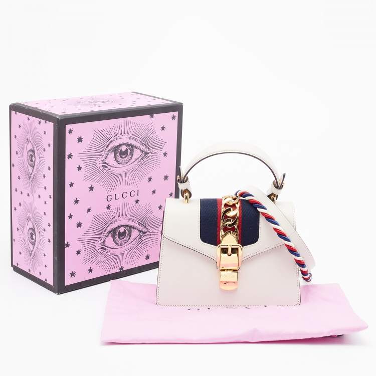 Pre Owned Gucci White Leather Mini Web Sylvie Top Handle Bag