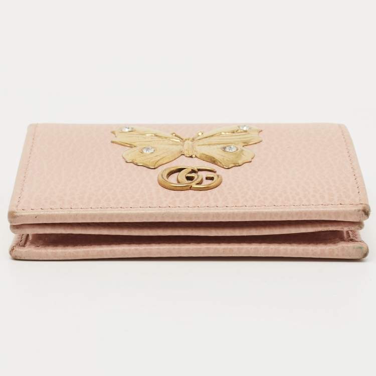 Pre Owned Gucci Light Pink Leather Butterfly Embellished Flap Card Case 